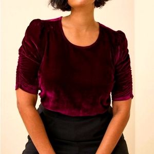 ❤️NWT VINTAGE TORRID TOP - CABERNET WINE VELVET RUCHED SLEEVE BLOUSE FUSCHIA 2X